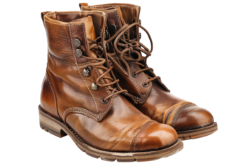 Close-up of two brown leather ankle boots.  Laces,  buttons, and stitching are visible.  Polished leather