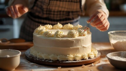 A Baker's Gentle Hand Adds the Final Touch of Sprinkles to a Frosted Cake