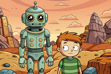 kid and robot alien field sci-fi landscape futuristic scene, space adventure, child with robot, alien planet, fantasy illustration, extraterrestrial world, science fiction art