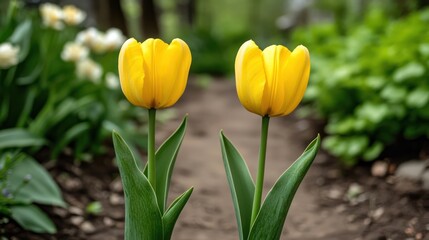 Fototapeta premium Two yellow tulips blooming garden path spring