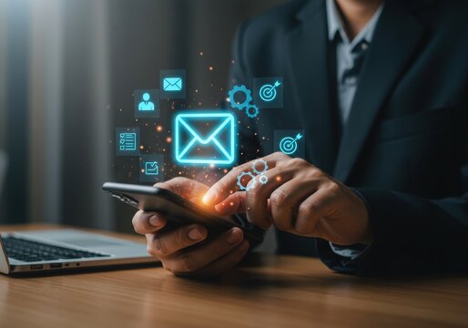 Business professional using smartphone with email and social media icons