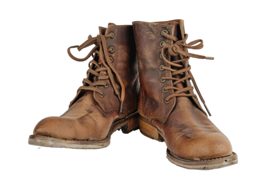 Pair of worn, light brown leather boots