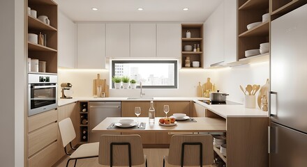 Pull-out dining table in studio apartment kitchen