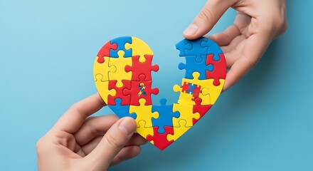 Hands holding puzzle pieces in heart shape on blue background