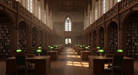 Fototapeta premium Library interior with tall shelves and reading tables