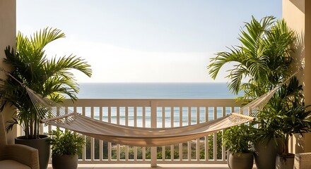 Fototapeta premium Beachfront Balcony with Hammock and Ocean View