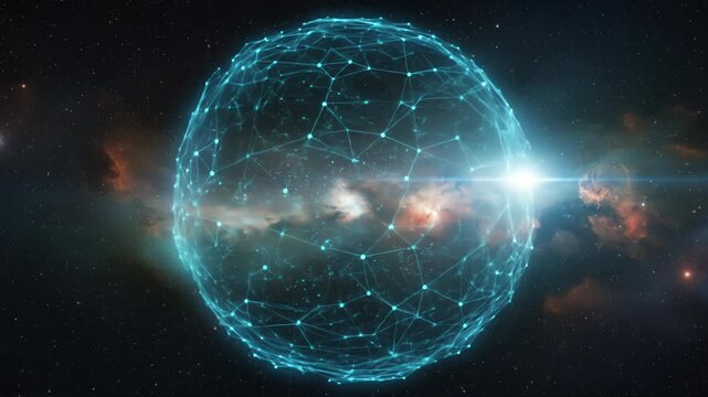 A glowing blue network sphere in cosmic space, surrounded by colorful galaxies and stars, creating an ethereal and futuristic atmosphere. - Powered by Adobe
