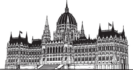Obraz premium Detailed woodcut drawing of the Hungarian Parliament Building in