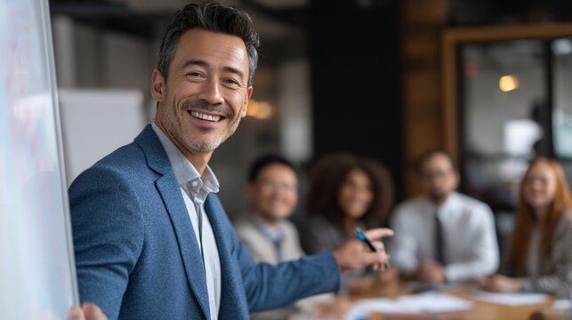 Smiling presenter pointing at a whiteboard during a meeting with colleagues