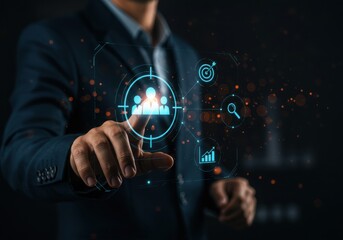 Businessman targets a digital human icon on a futuristic interface