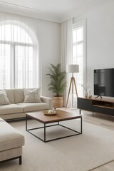Fototapeta premium Modern minimalist living room interior with neutral sofa, wooden furniture, indoor plant, large window, natural light, elegant decor and stylish contemporary design