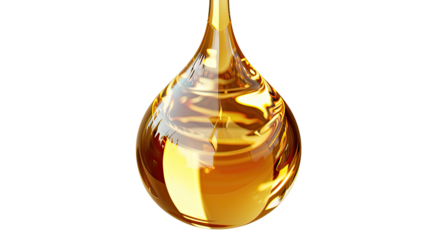 Close-up of a single, golden-amber oil droplet, glistening and smooth, dripping from unseen source.  A clear drop hangs, shaped in a perfect tear, against a pure black background