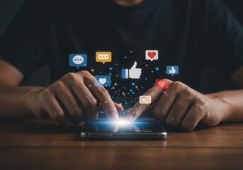 Hands interacting with social media icons on a smartphone screen