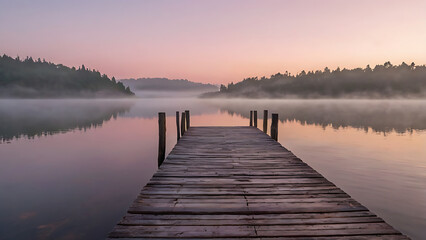 Fototapeta premium 3D image Tranquil Lake Beauty at Sunrise or Sunset – Wooden Dock, Misty Reflections, and Forest Surroundings Create a Peaceful Nature Escape with Soft Sky Colors and Calm Waters for Scenic Travel.