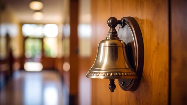 Brass bell on wooden door