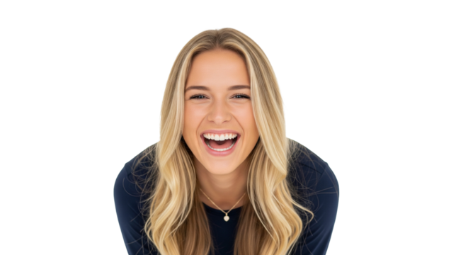 Blonde Frau – Vorbeugen beim Lachen, transparenter Hintergrund, PNG