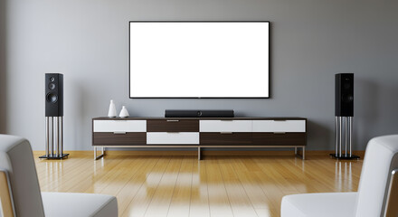 Modern Living Room with Wide Screen TV Brown and White Cabinet Tall Black Speakers on Shiny Wooden Floor with Light