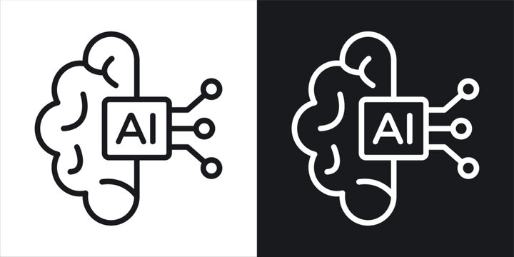 AI brain icon thin line outline art. Doodle graphics