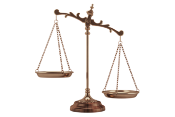 Elegant gold scales of justice representing law, balance and fairness in legal matters, transparent