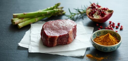 Raw beef fillet with asparagus pomegranate and spices