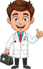 Cartoon doctor character, white lab coat, stethoscope, red tie, black pants, medical bag, thumbs up, healthcare theme, vector illustration
