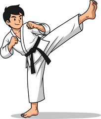 Karate cartoon character, high kick pose, white gi, black belt, martial arts move, barefoot fighter, vector illustration, action pose © Creative Crave