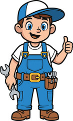 Cartoon handyman character, blue overalls, white t-shirt, tool belt, wrench in hand, thumbs up, vector illustration, repair service theme