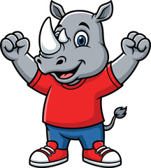 Cartoon rhinoceros character, red shirt, blue pants, white horn, clenched fists, smiling pose, sneakers, vector illustration, cheerful animal