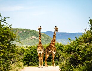 Fototapeta premium Two giraffes on a safari path