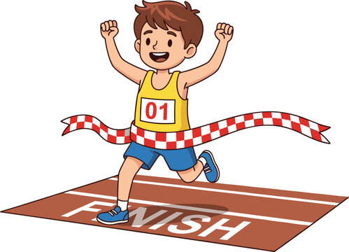 Cartoon race winner, crossing finish line, yellow tank top, blue shorts, arms raised, smiling athlete, vector art, victory moment