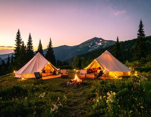 Two illuminated tents, campfire, mountain vista at dusk