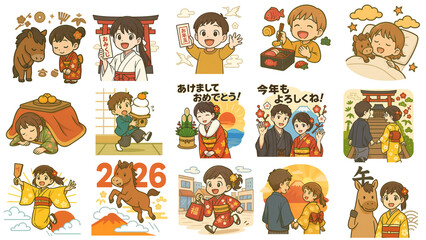 年賀・午年・正月行事のアニメ風イラスト15点セット（着物・神社・おせち・初詣）