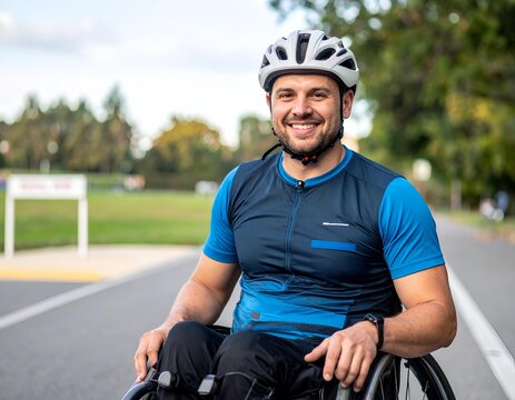 A smiling man in a cycling helmet and athletic gear, sitting in a wheelchair on an outdoor track, looking confidently at the camera.