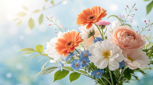 Fine Art Floral Photography with Bokeh Sky
A centered bouquet of mixed blossoms—orange gerbera daisies, peach peonies, white cosmos—with smaller blue and pink flowers nestled between. Background is a  - Powered by Adobe