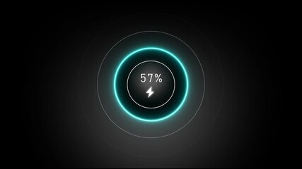 Neon loading animation counting from 0 to 68%, featuring a glowing green circle, and a charging connector on black background. Charging screen 68% percent, screen call phone display charging battery.