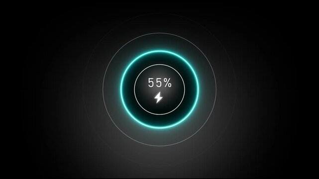 Neon loading animation counting from 0 to 66%, featuring a glowing green circle, and a charging connector on black background. Charging screen 66% percent, screen call phone display charging battery.
