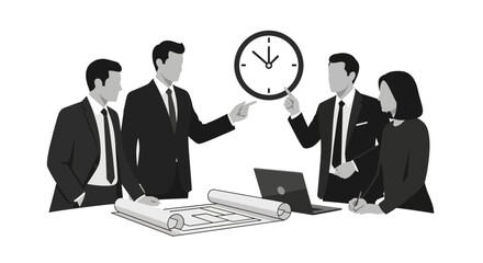 Fototapeta premium Four Business Professionals Reviewing Architectural Plans, Time Management Meeting