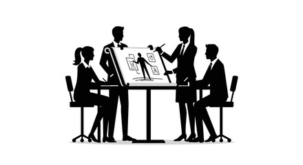 Fototapeta premium Business Team Brainstorming Session: Silhouetted Figures Collaborating on a Presentation Board