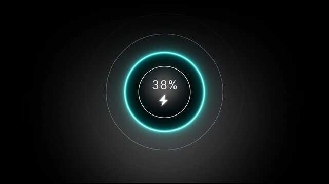 Neon loading animation counting from 0 to 45%, featuring a glowing green circle, and a charging connector on black background. Charging screen 45% percent, screen call phone display charging battery.