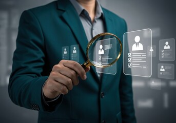 Businessman inspecting digital candidate profiles with magnifying glass