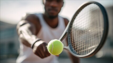 Tennis player focuses on the ball, holding a racket, on a sunny outdoor court