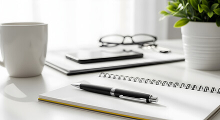 Office Desk Scene Featuring White Notebook Black Pen Mobilephone Glasses and Cup with Potted Plant on White Background