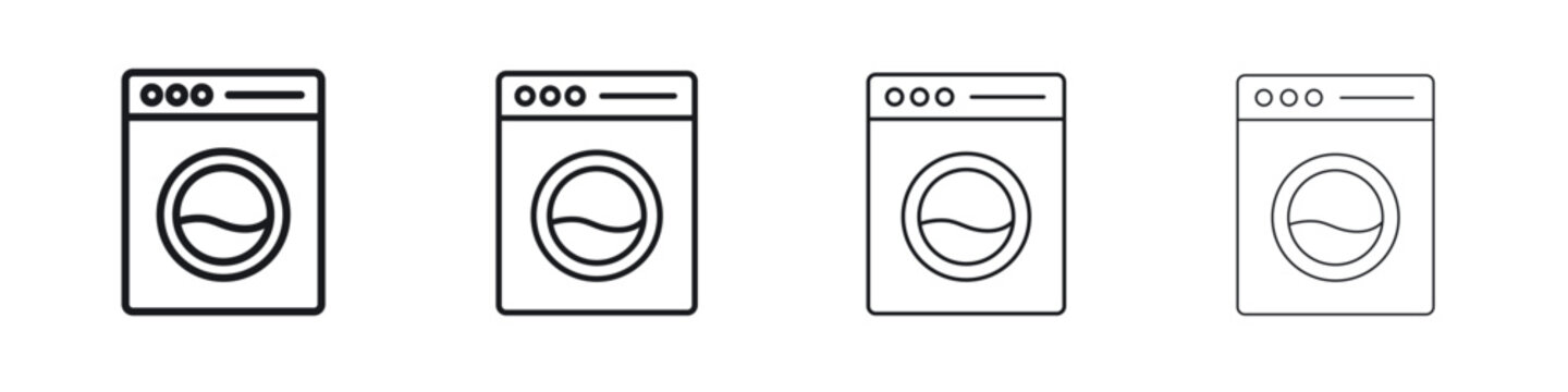 Washing machine icons big set. Simple black stroke line versions collection