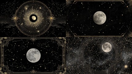 and keyword list based on the image you provided

 Moons Gleaming in Constellations in Outer Space, Illuminated by Starry Sky