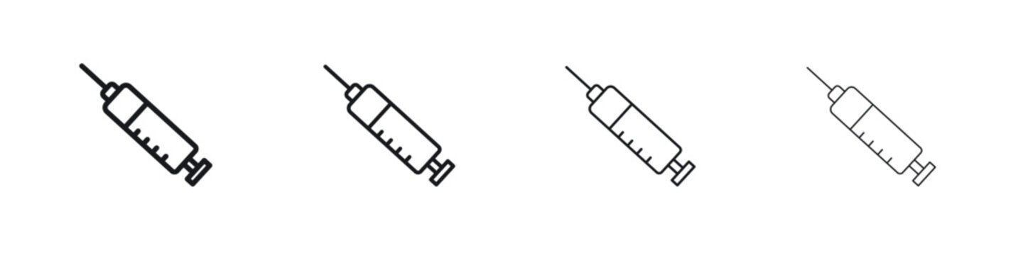 Syringe injection icons big set. Simple black stroke line versions collection