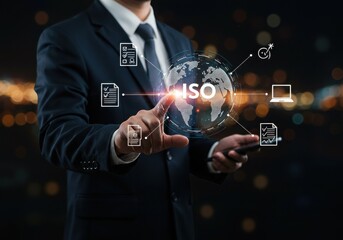Businessman interacting with iso standards and digital icons