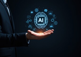 Businessman holding a glowing ai brain with digital icons on a dark background
