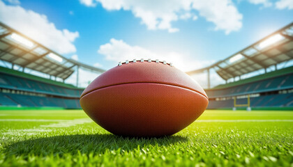 Football on turf in brightly lit stadium. Use for sports marketing, athletic branding, football event promotions and team advertising.
