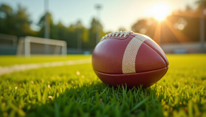 American football on grass at sunset. Use for sports marketing, athletics promotions, game day content and football advertising.
