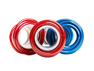 Three circular, coiled, colored components.  Red, white, and blue bands.  Studio shot